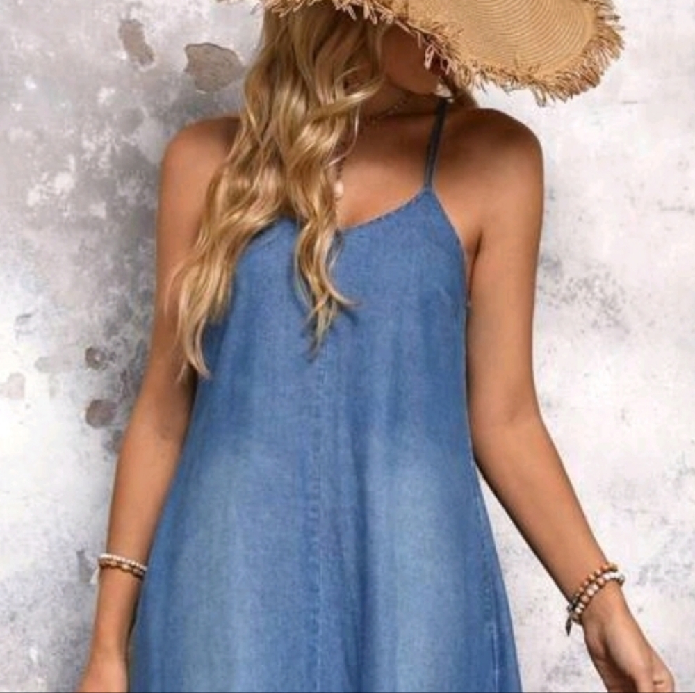 New Casual Woven Cotton Denim Cami Jumper Dress Blue - Picture 5 of 9